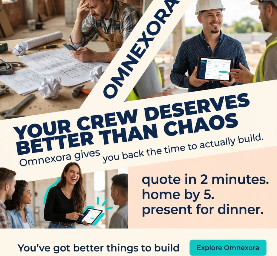 Your crew deserves better than chaos - OMNEXORA gives you back the time to actually build. Quote in 2 minutes, home by 5, present for dinner.