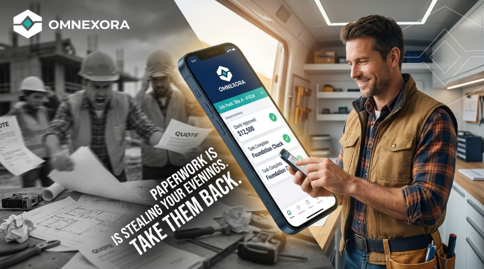 PAPERWORK IS STEALING YOUR EVENINGS: TAKE THEM BACK. Split image showing construction workers with paperwork chaos on left, professional tradesperson holding phone with OMNEXORA app displaying quote approval ($12,490) with checkmarks for Trade Approval, Job Costing Review, and Foundation Check on right.