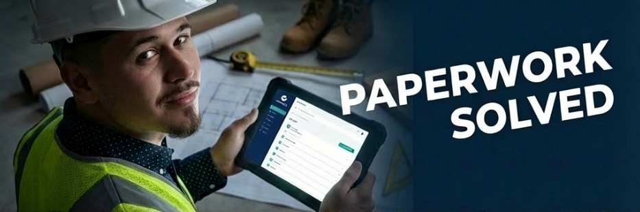 Construction worker using OMNEXORA on tablet